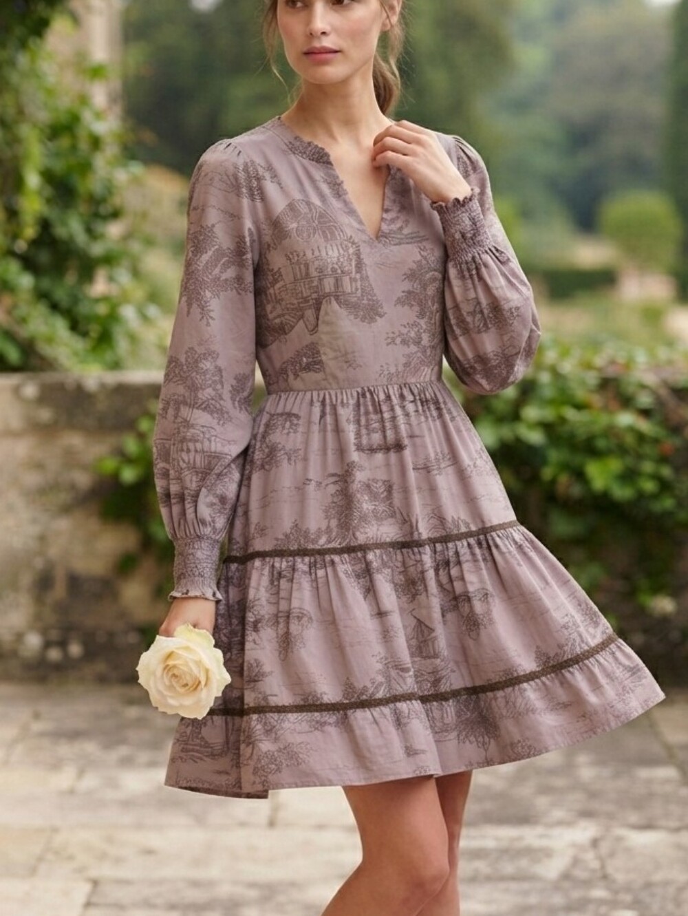 BRAND NEW w/TAGS Umgee Mauve Toiled Printed Tiered V-Neck Long-Sleeve Dress Sz L